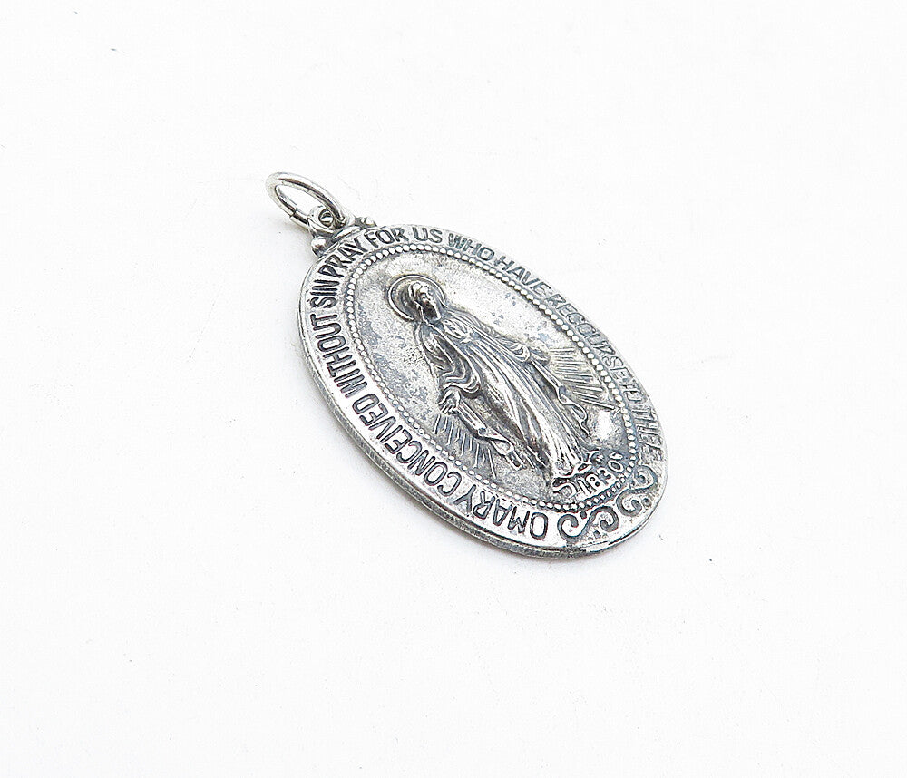 925 Sterling Silver Vintage Virgin Mary Religious Prayer Drop Pendant PT3411