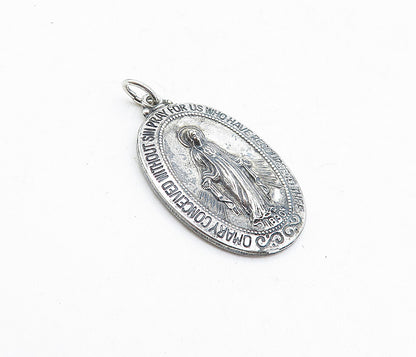 925 Sterling Silver Vintage Virgin Mary Religious Prayer Drop Pendant PT3411