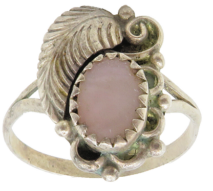 NAVAJO 925 Silver  Vintage Mother Of Pearl Floral Leaf Band Ring Sz 8  RG15182