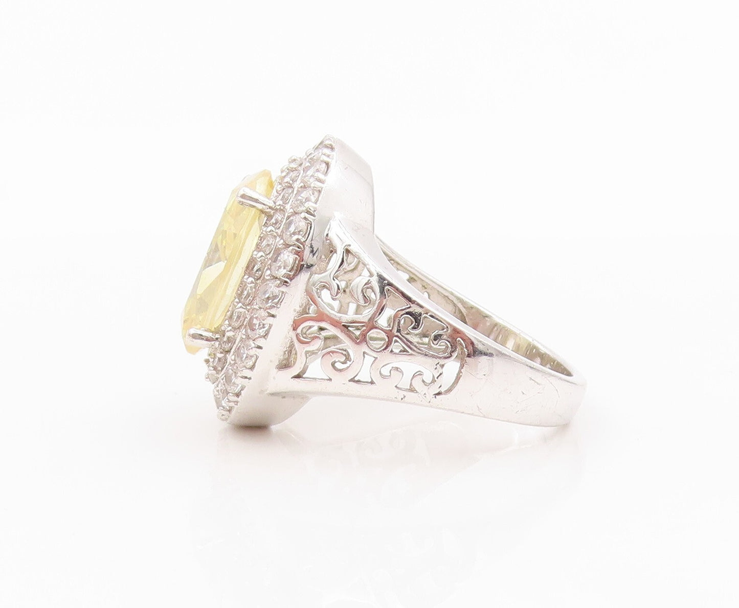 925 Sterling Silver Vintage Ring Oval Cut Citrine Halo CZ Bands  Sz 7.5  RG31771