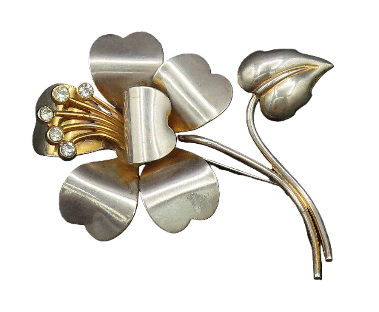 925 Silver  Vintage Two Tone Cubic Zirconia Stem Flower Brooch Pin  BP9914