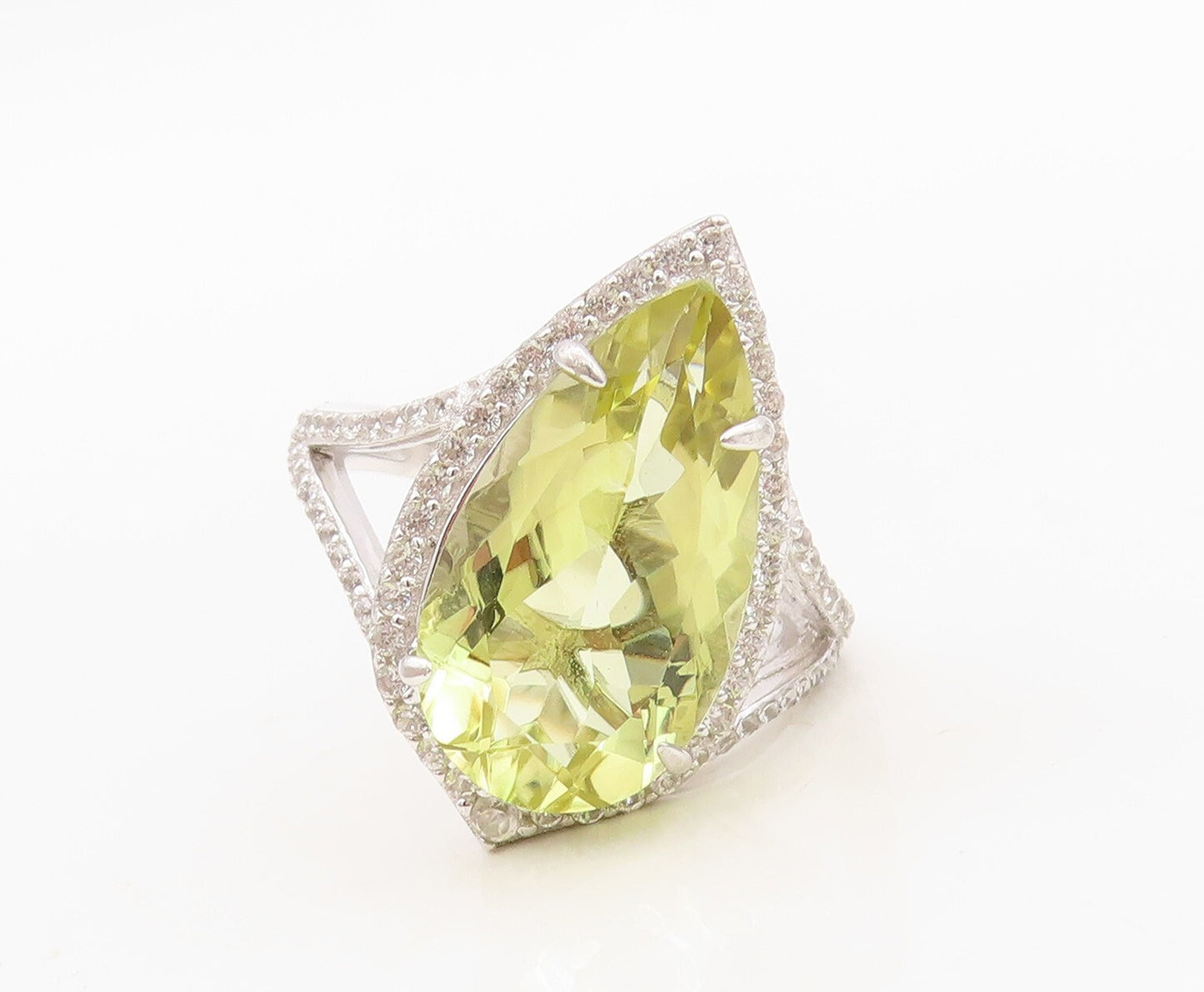 925 Sterling Silver Vintage Ring Modernist Drop Cut Citrine & CZ  Sz 7 RG30517