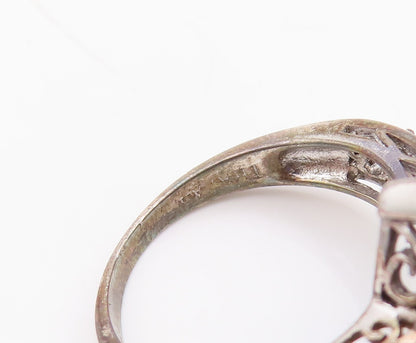 925 Sterling Silver Vintage Ring Sapphire Swirly Carved CZ Inlay  Sz 6  RG29613