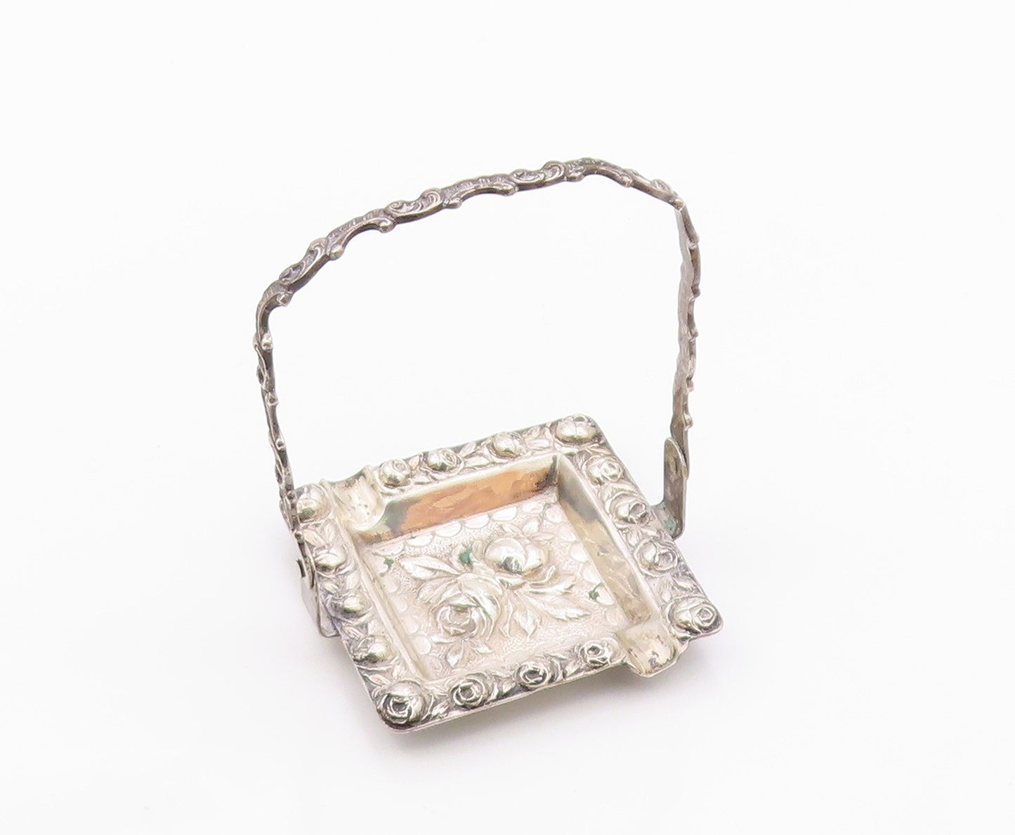 925 Sterling Silver  Vintage Shiny Floral Ash Tray With Handle  TR2850