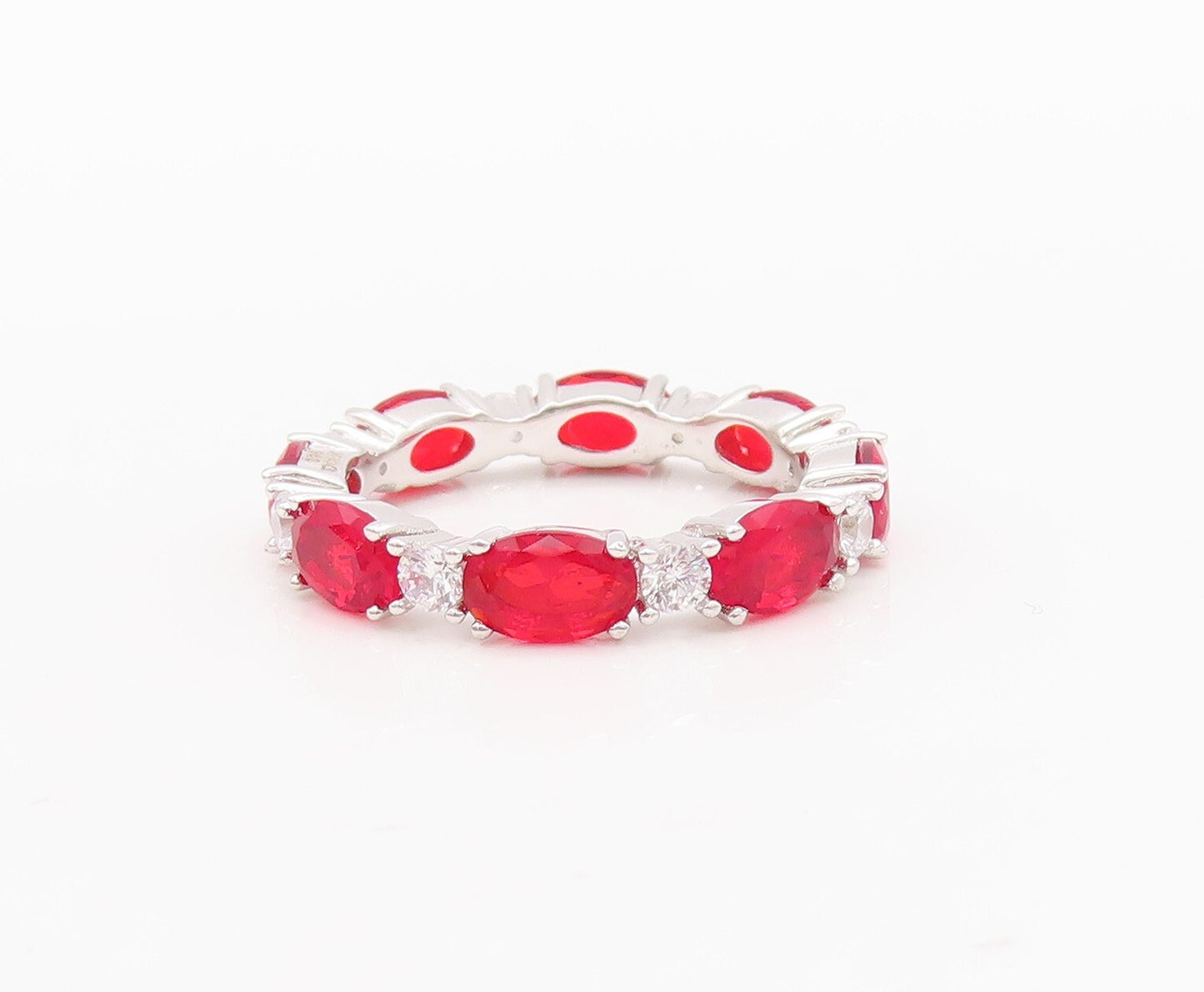925 Sterling Silver Vintage Ring Oval Cut Red & Round CZ Band  Sz 7  RG29553
