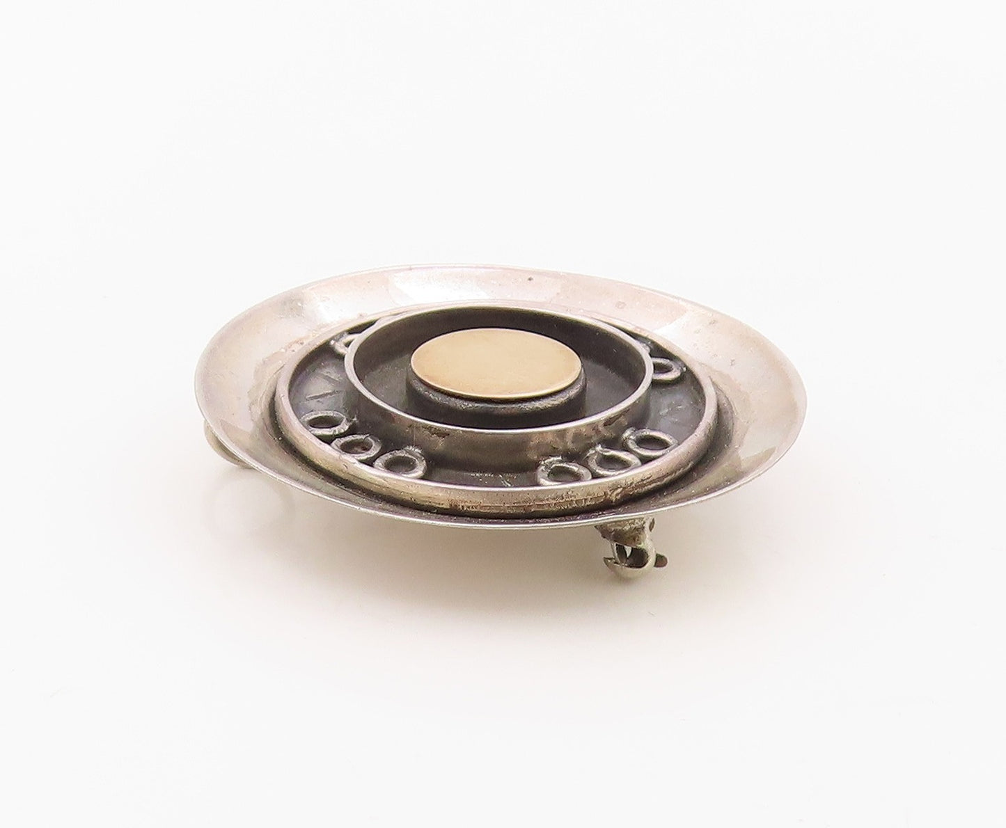 14k Gold & 925 Sterling Silver Vintage Brooch Modernist Circular Pin   BP12546