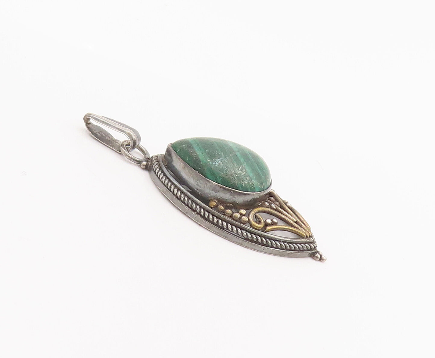 925 Sterling Silver Vintage Pendant Swirly Carved Drop Shape Malachite  PT22562