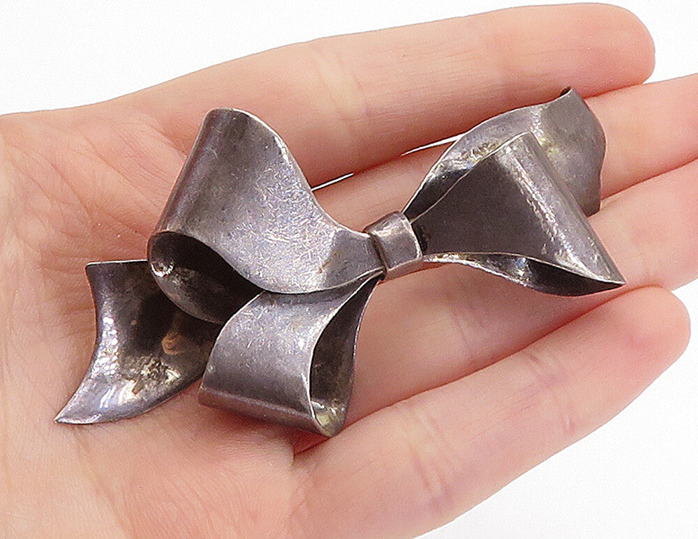 MEXICO 925 Sterling Silver  Vintage Oxidized Bow Tied Ribbon Brooch Pin BP2384
