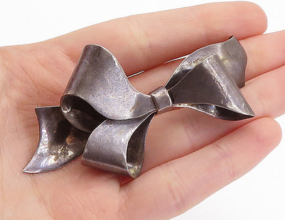 MEXICO 925 Sterling Silver  Vintage Oxidized Bow Tied Ribbon Brooch Pin BP2384