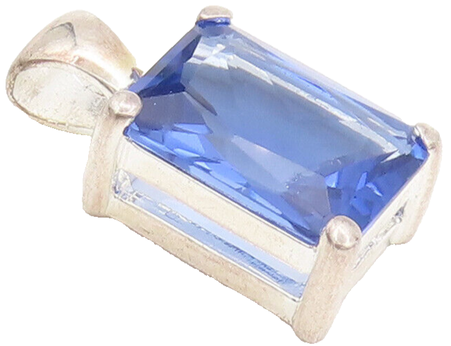 925 Sterling Silver  Vintage Minimalist Large Blue CZ Stone Pendant  PT22310