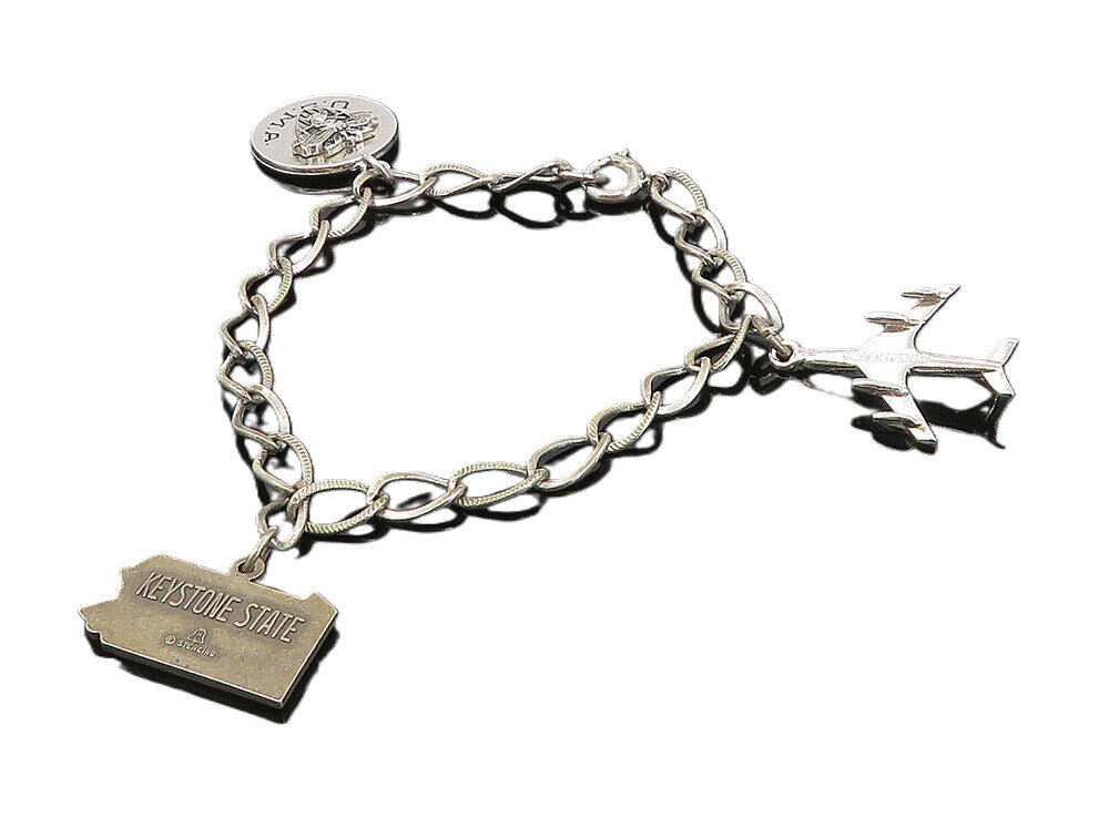 925 Sterling Silver  Vintage U.S. Military Academy Charm Chain Bracelet BT3777
