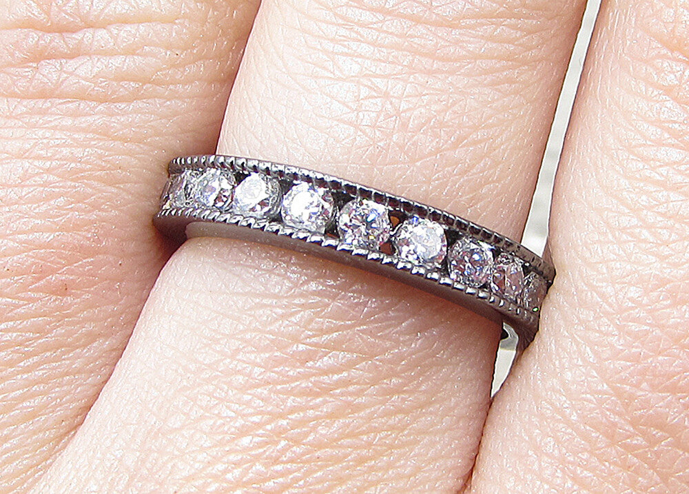 925 Silver  White Cubic Zirconia Dark Tone Eternity Band Ring Sz 7  RG1637