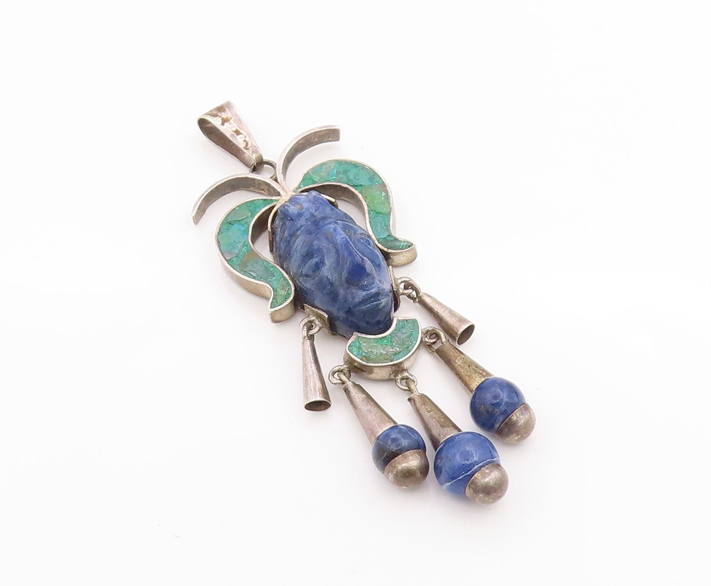 925 Sterling Silver Vintage Pendant MEXICO Turquoise Trible Man Carved  PT24342
