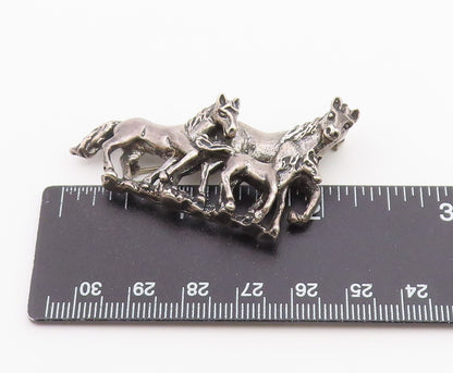 OTT 925 Silver  Vintage Shiny Dark Tone Horse Family Heavy Brooch Pin  BP8163
