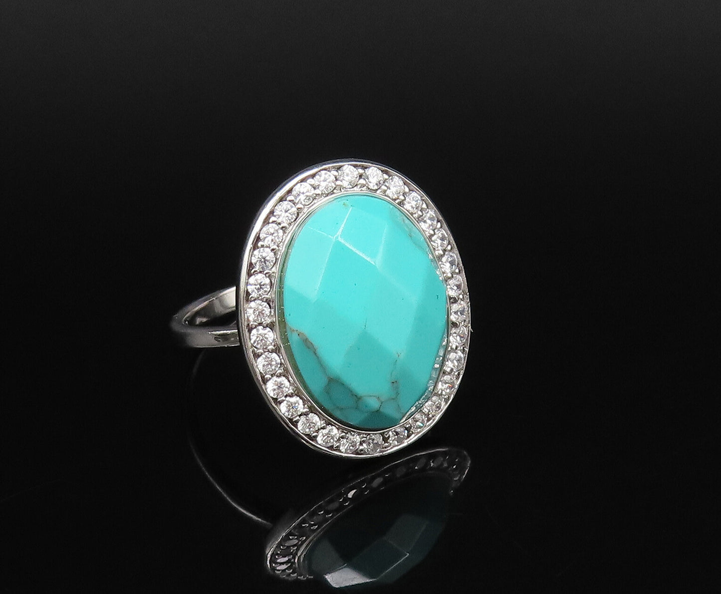 925 Sterling Silver  Vintage Faceted Turquoise & Topaz Halo Ring Sz 7  RG25937