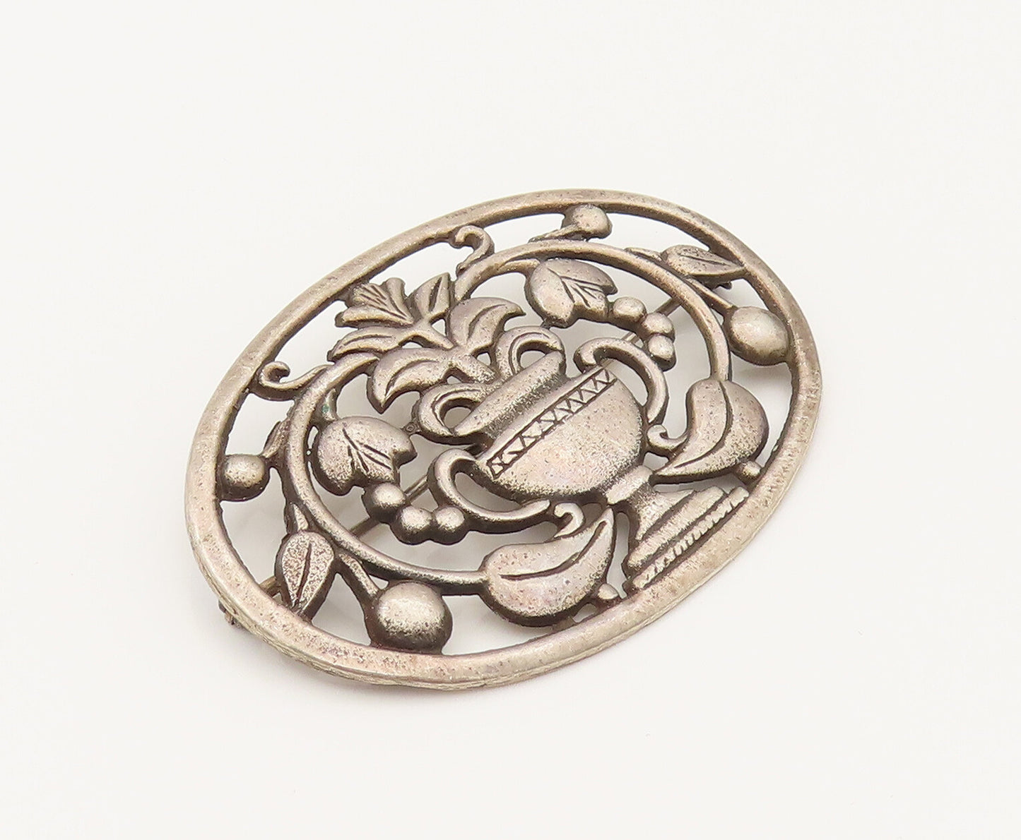925 Silver  Vintage Antique Plant Vase & Cherry Vine Brooch Pin  BP10254