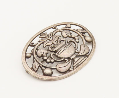 925 Silver  Vintage Antique Plant Vase & Cherry Vine Brooch Pin  BP10254