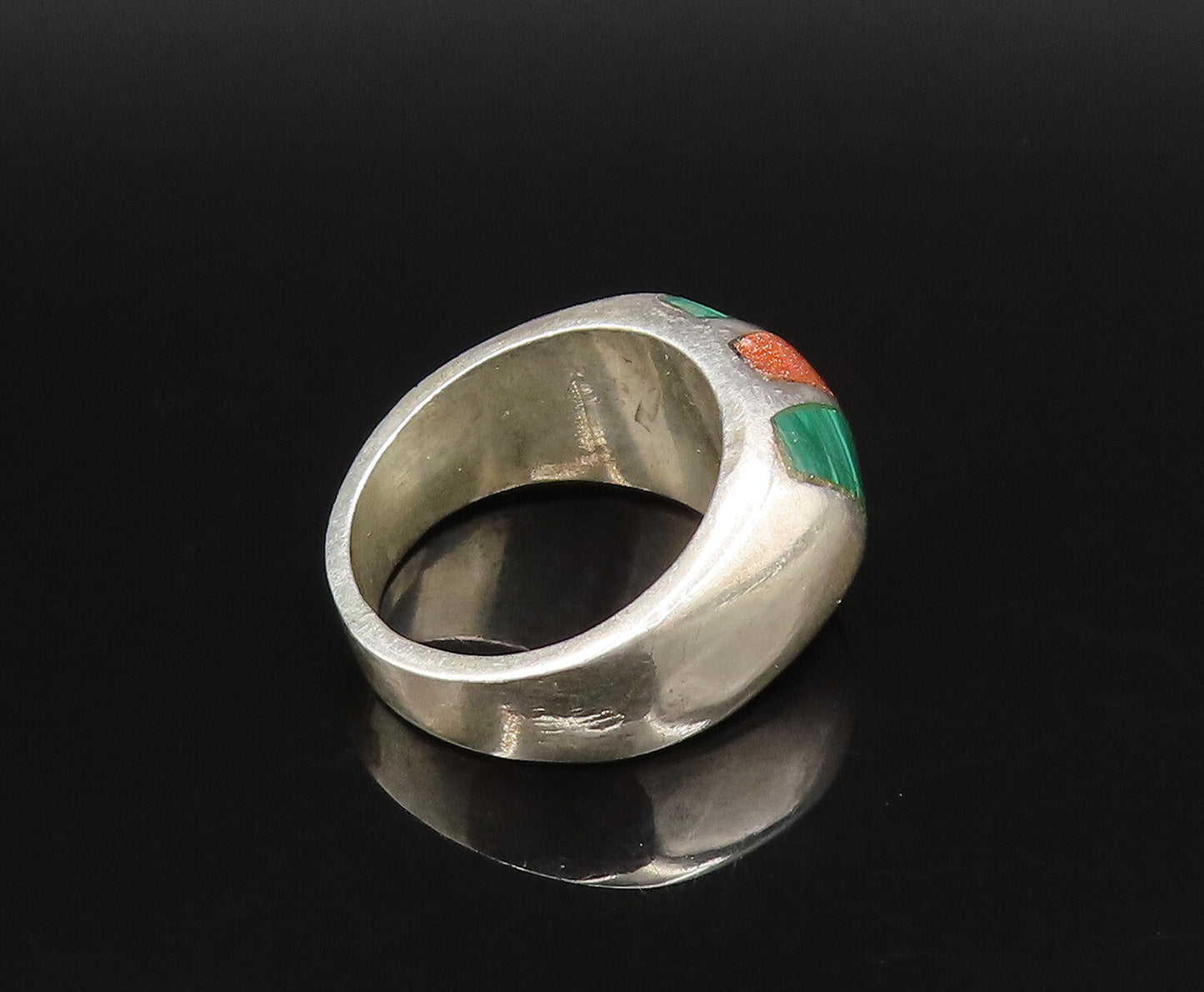 MEXICO 925 Silver  Vintage Malachite & Drusy Quartz Dome Ring Sz 7.5  RG25869