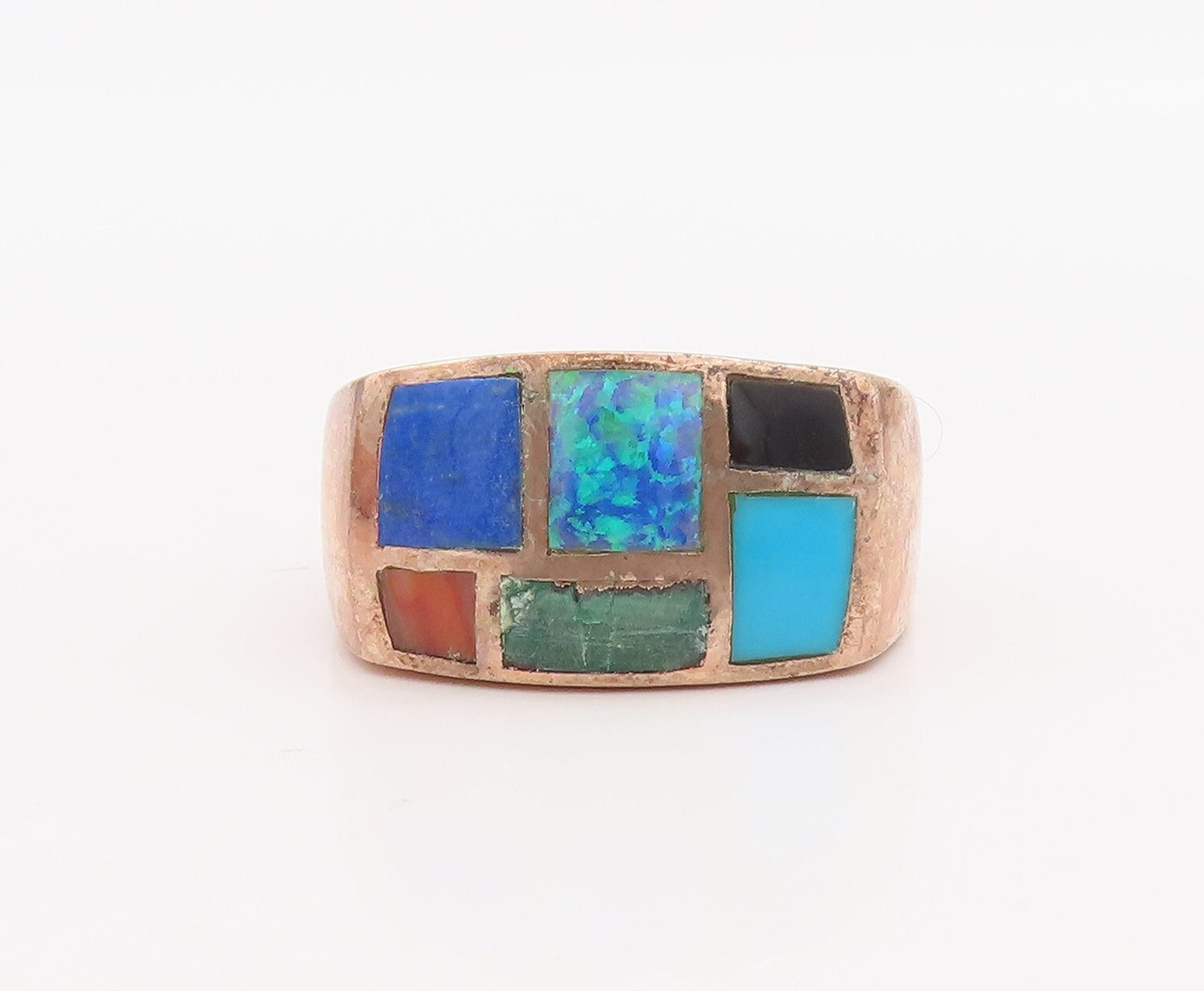 925 Sterling Silver Vintage Ring Multiple Gemstones Rectangle Inlay Sz 8 RG28707