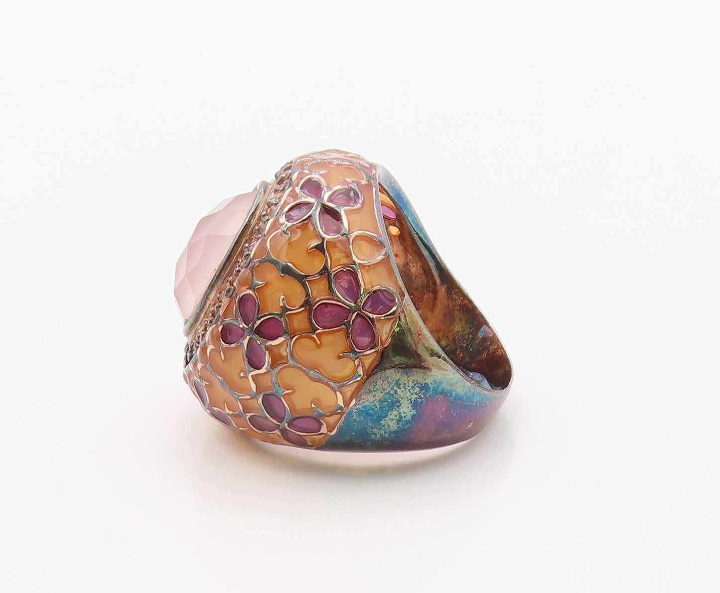925 Sterling Silver Vintage Ring Floral Enamel Rose Quartz Band  Sz 8.5  RG36384