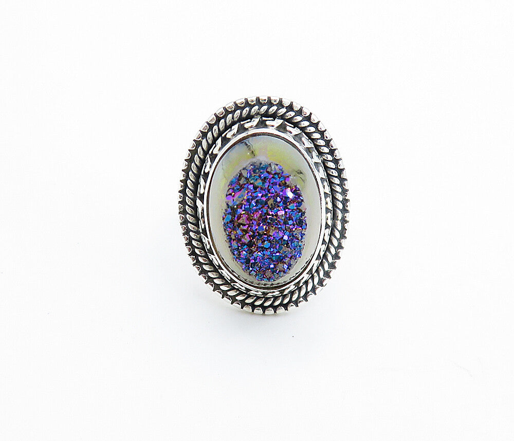 925 Sterling Silver  Purple Druzy Stone Shiny Twist Cocktail Ring Sz 5  RG7821