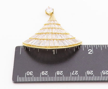 925 Sterling Silver Vintage Pendant Gold Plated Rectangle CZ Chinese Fan PT24716