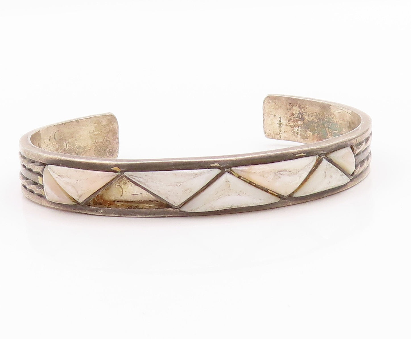 925 Sterling Silver Vintage Bracelet NAVAJO ZUNI Mother Of Pearls Cuff  BT11294