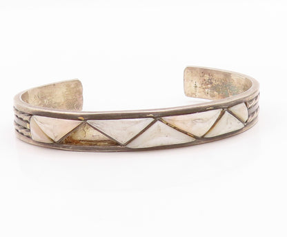 925 Sterling Silver Vintage Bracelet NAVAJO ZUNI Mother Of Pearls Cuff  BT11294