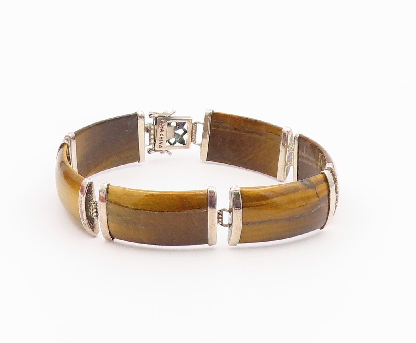925 Sterling Silver Vintage Bracelet Tiger's Eye Curved Panel Link  BT12182