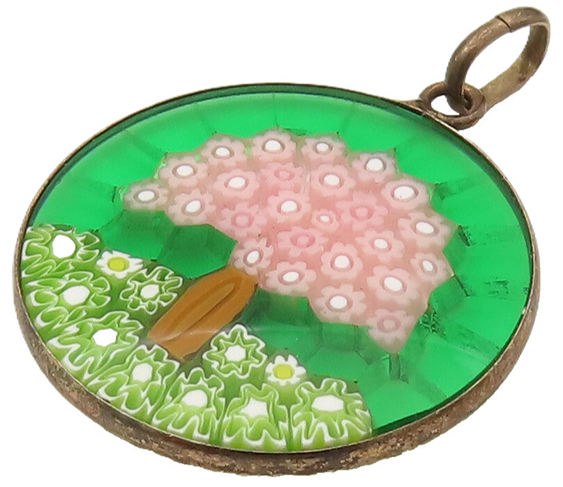 925 Sterling Silver  Vintage Flower Tree Glass Art Round Pendant  PT21932