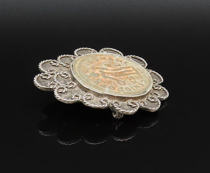 RANA 925 Silver  Vintage Pretzel Twist Edge Carved Center Brooch Pin  BP9862