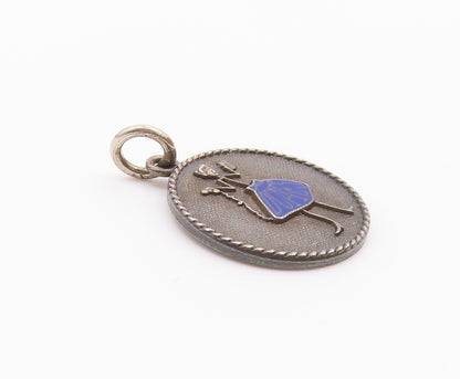 925 Sterling Silver  Vintage Enamel Woman In Blue Dress Pendant  PT19445