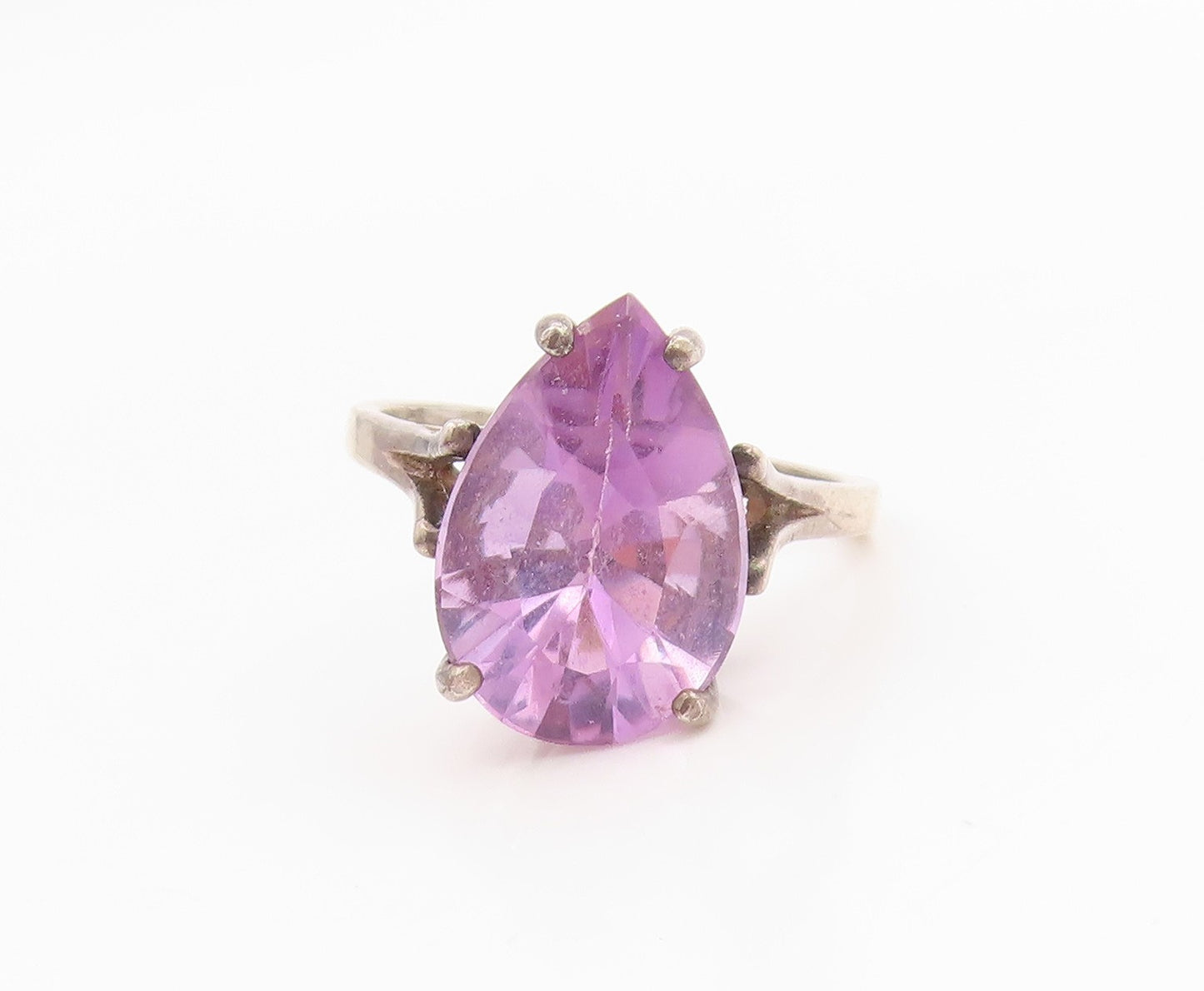 925 Sterling Silver Vintage Ring Pear Cut Amethyst Solitaire Band Sz 7.5 RG35839