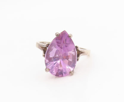925 Sterling Silver Vintage Ring Pear Cut Amethyst Solitaire Band Sz 7.5 RG35839