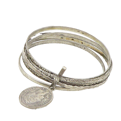 EUROPEAN 925 Silver  Vintage Antique Venezuelan Coin Bangle Bracelet  BT7601