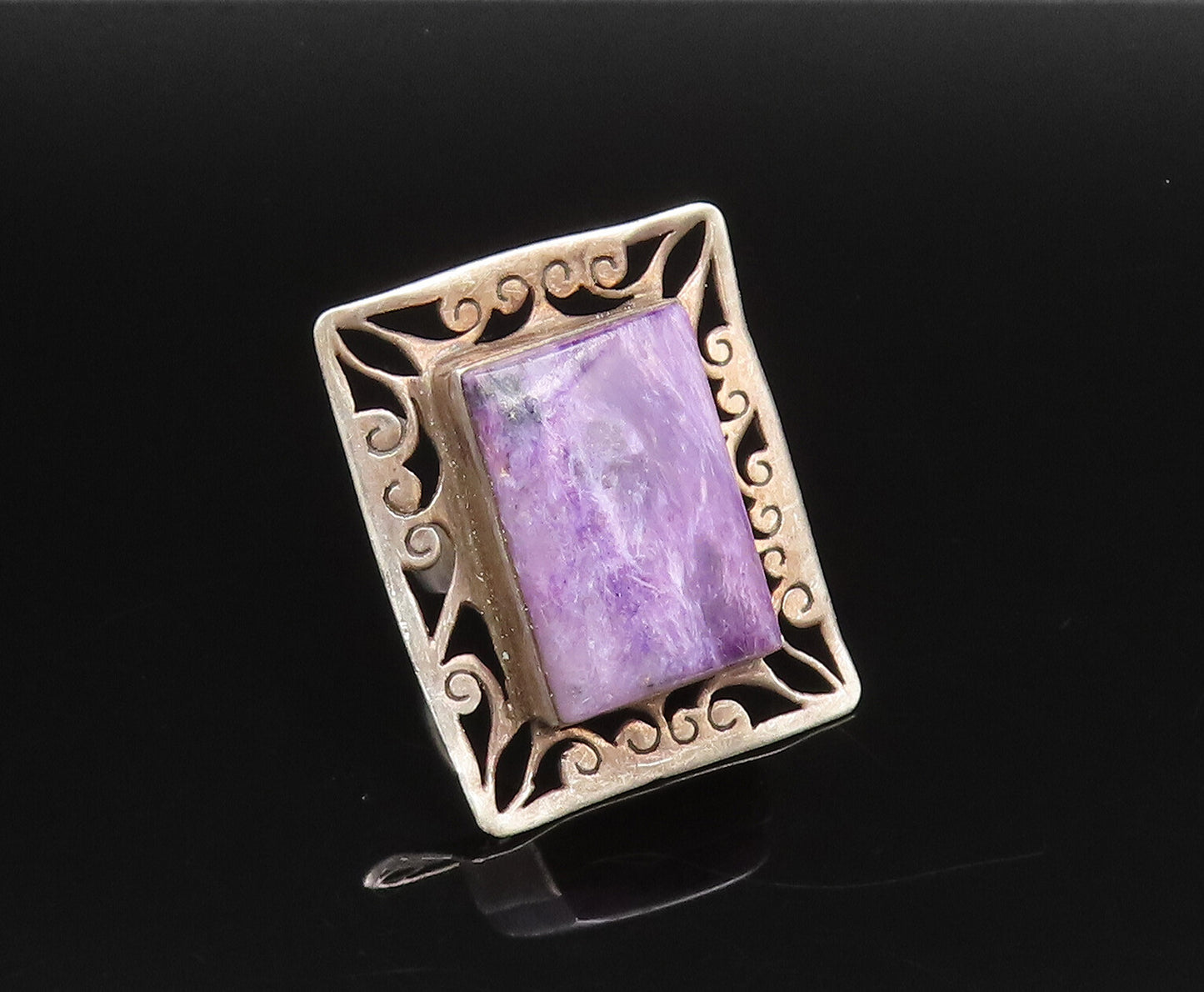 925 Silver  Vintage Openwork Frame Charoite Statement Ring Sz 7  RG26039