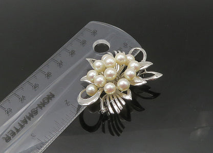 925 Sterling Silver  Vintage Shiny Pearl Cluster Ribbon Brooch Pin  BP8686