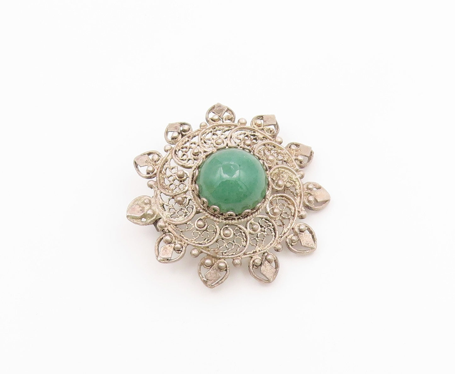 925 Sterling Silver  Vintage Green Onyx Floral Filigree Brooch Pin  BP9431