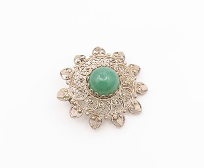 925 Sterling Silver  Vintage Green Onyx Floral Filigree Brooch Pin  BP9431