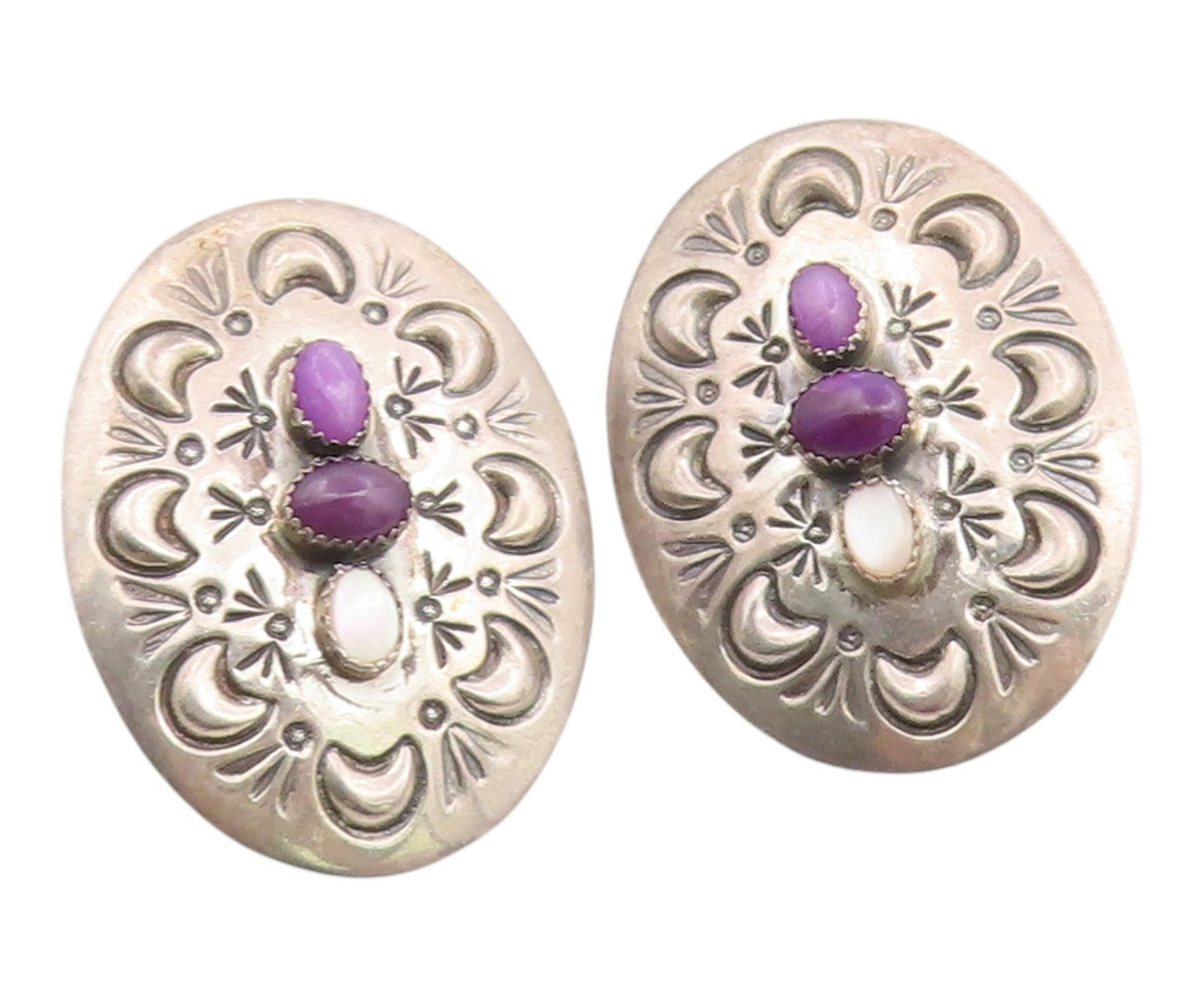 925 Sterling Silver Vintage Earrings NAVAJO Amethyst & Moonstone Concho  EG14355