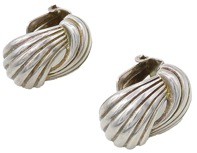 ISRAEL 925 Sterling Silver  Vintage Shiny Fluted Non Pierce Earrings  EG8298