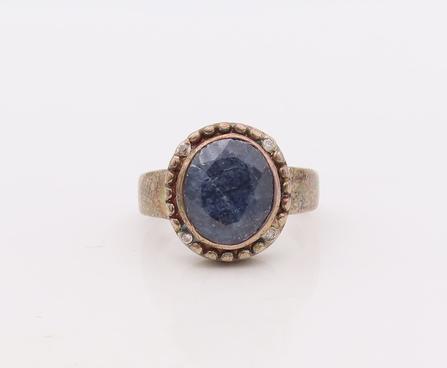 925 Sterling Silver Vintage Ring Round Cut Gemstone & Diamonds  Sz 7.5  RG29904