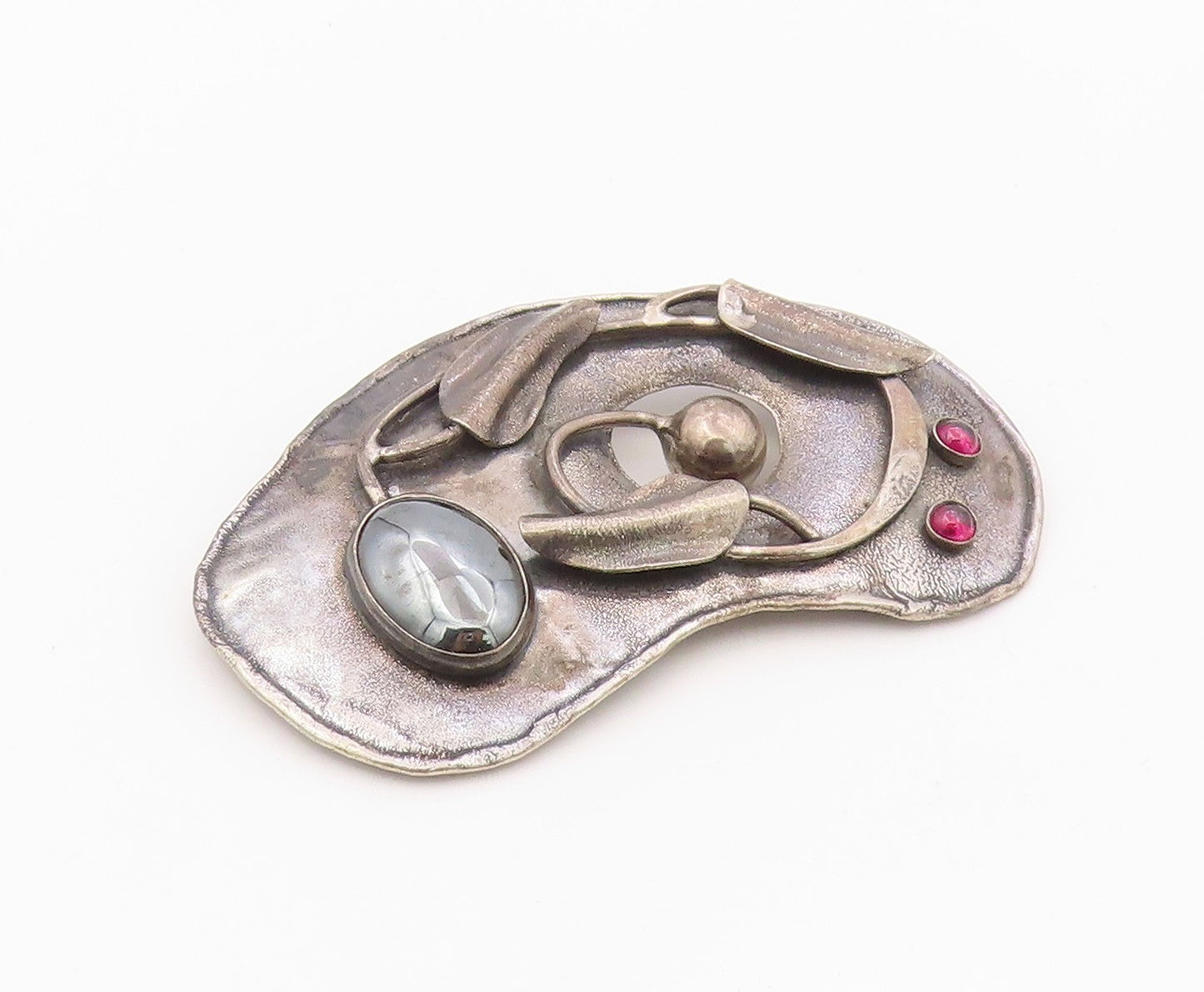 925 Sterling Silver Vintage Brooch Pin Hematite & Garnet Abstract Leaf   BP12581