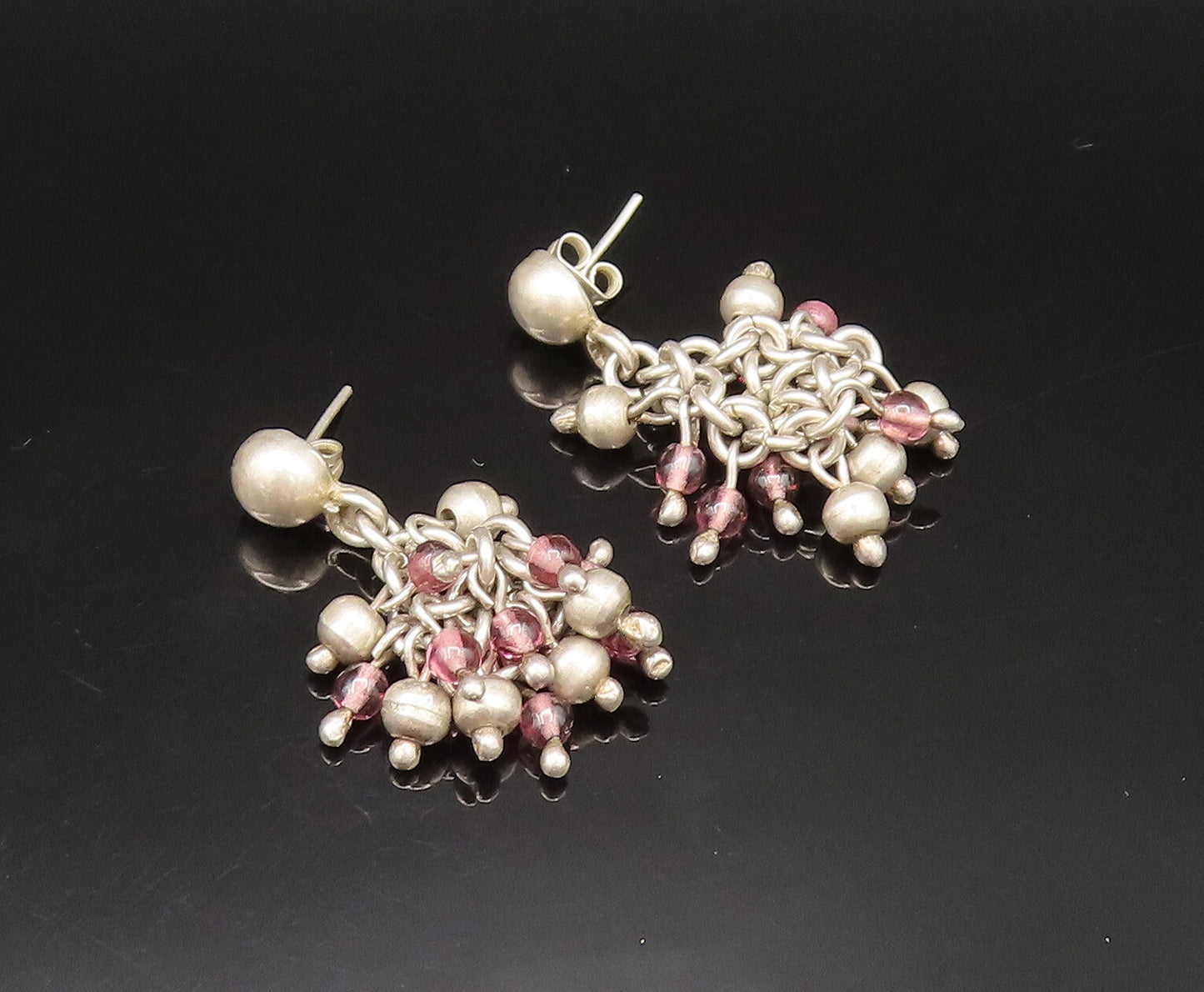 925 Sterling Silver  Vintage Beaded Cluster Chain Dangle Earrings  EG11713