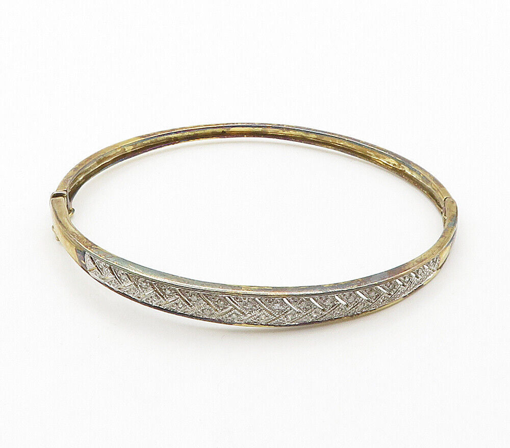 925 Sterling Silver  Vintage Genuine Diamonds 2 Tone Bangle Bracelet  BT6284