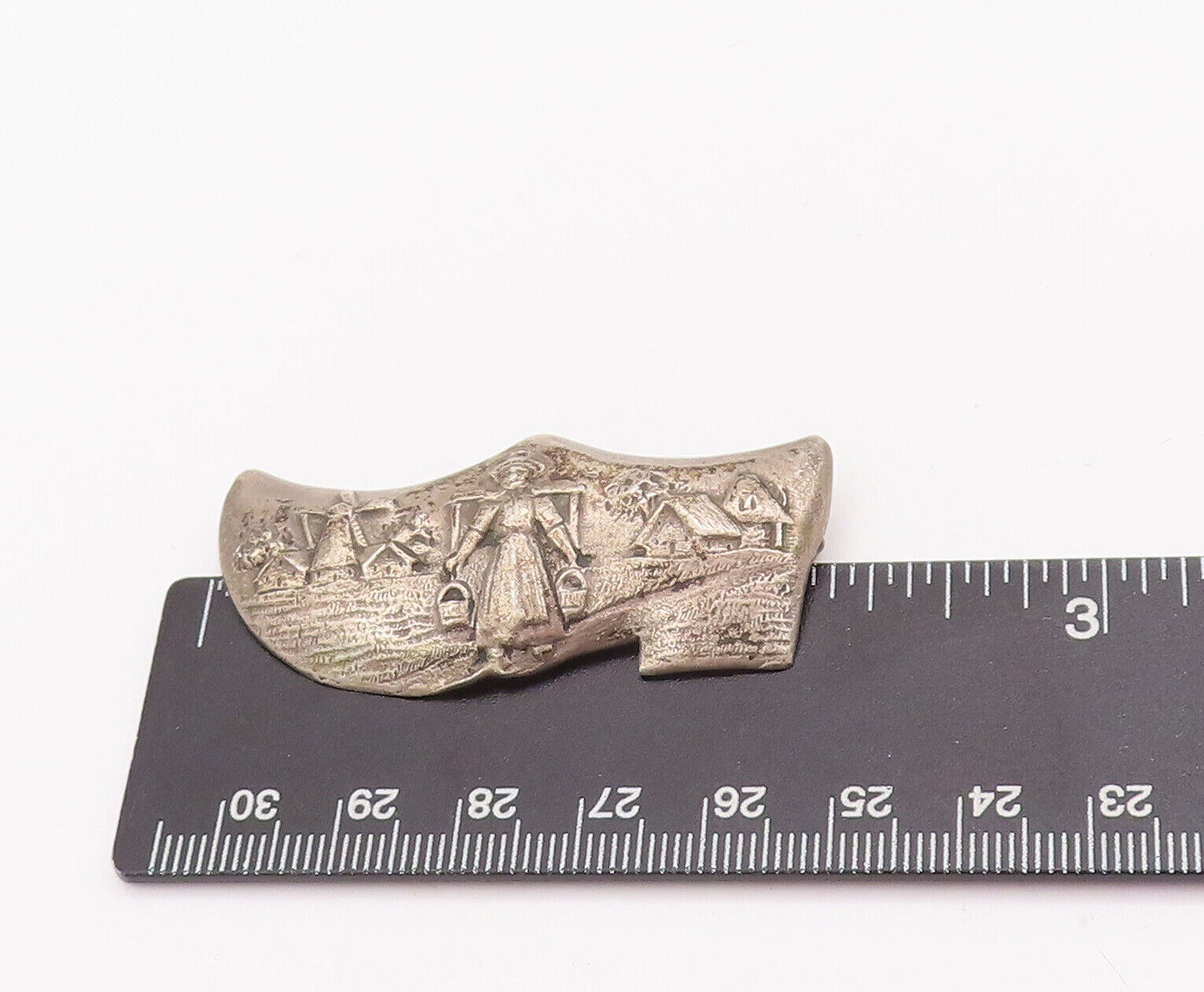 925 Sterling Silver Vintage Brooch Pin Solid Carved Village Landscape  BP10897