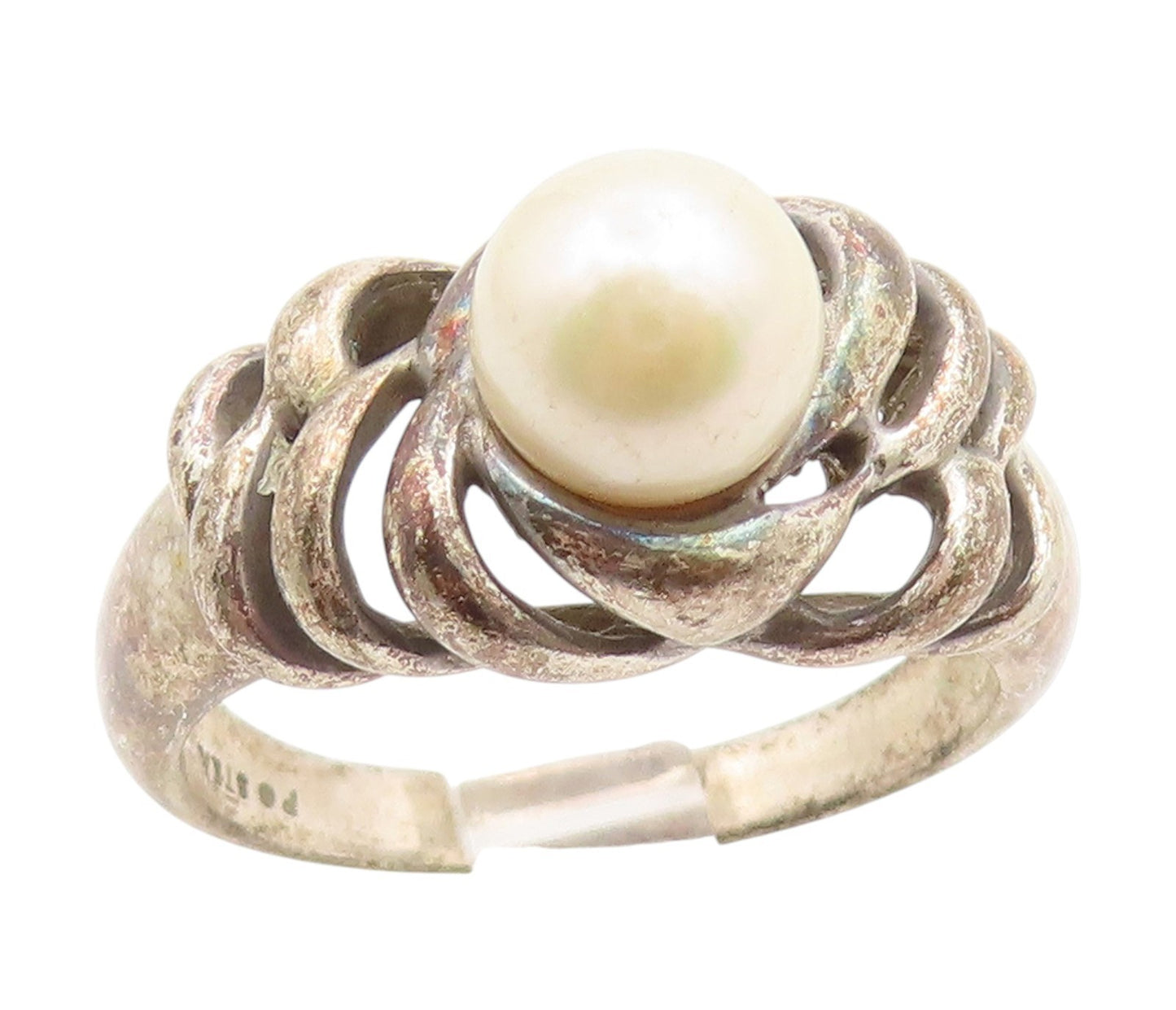 925 Sterling Silver Vintage Ring Round Pearl Elegant Woven Band  Sz 9  RG34888