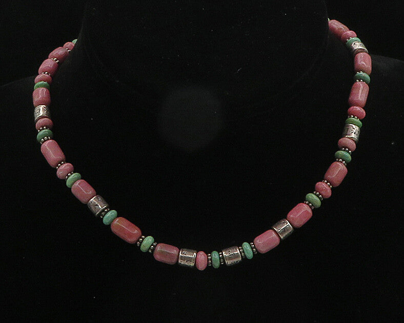 SOUTHWESTERN 925 Silver Vintage Rhodonite & Turquoise Beaded Necklace NE3042