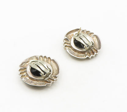 925 Sterling Silver  Vintage Cabochon Black Onyx Non Pierce Earrings  EG8478