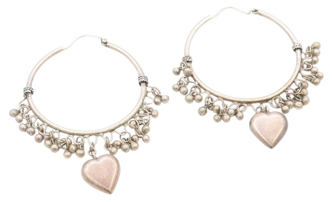 925 Sterling Silver Vintage Earrings Antique Dangling Beads & Heart Hoop EG13605